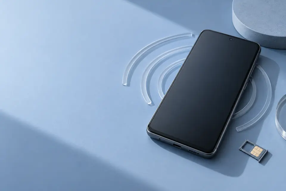 Teléfono Android sobre una superficie azul junto a una tarjeta SIM
